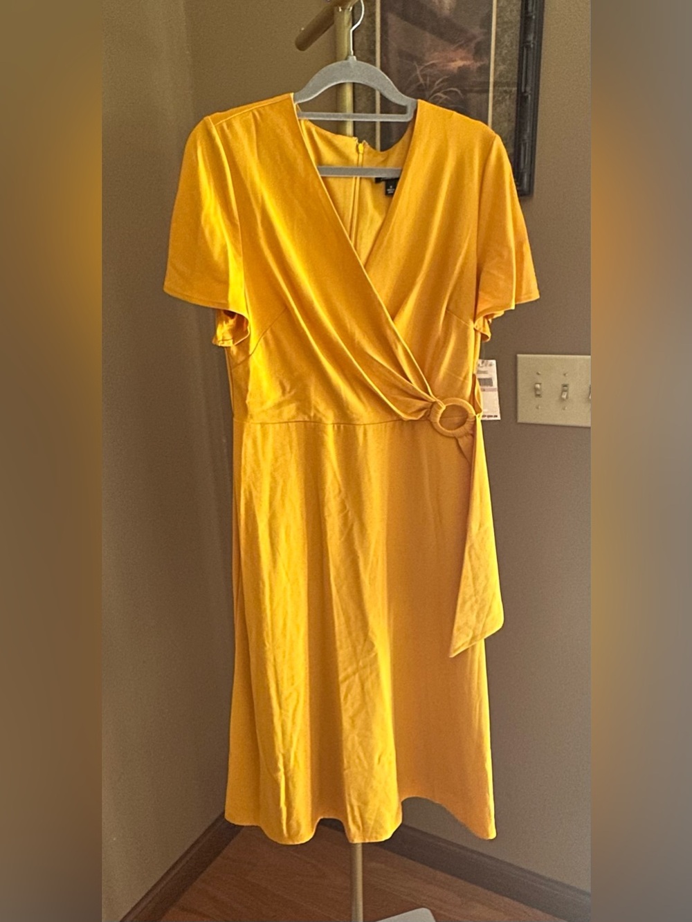 SLNY Mustard Yellow Faux-Wrap Midi Dress with Ring Accent